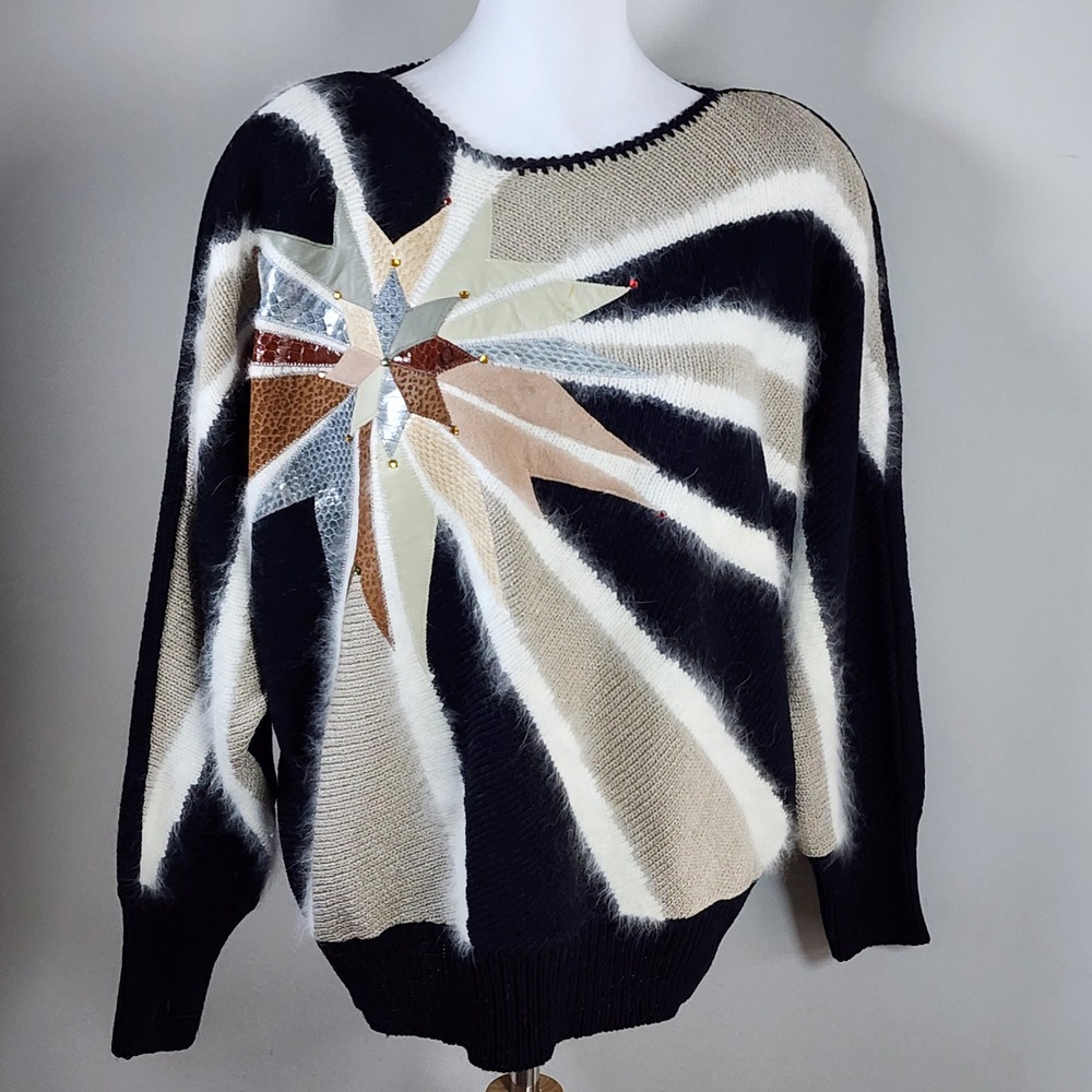 Vintage Mixed Media Starburst Sweater Womens XL Black Angora Blend Knit 90s 80s